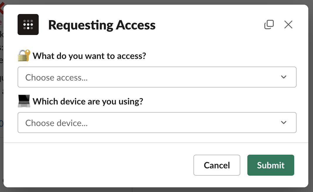Tailscale Access starting request form in Slack